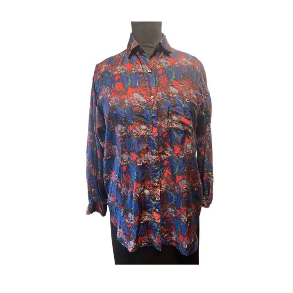 LONG SLEEVE BUTTON DOWN ART PRINT SILK BROUSE SIZE LARGE VINTAGE.